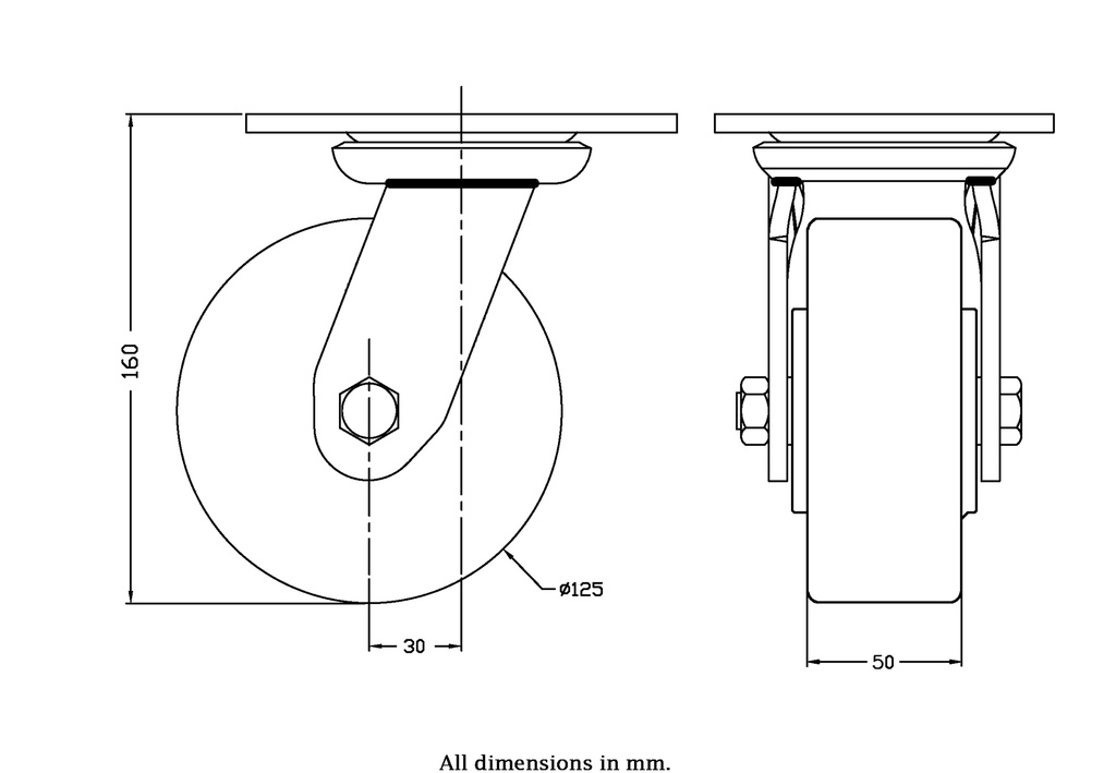 500 series 125mm swivel top plate 140x110mm castor with polyurethane on cast iron centre ball bearing wheel 500kg - Castor drawing