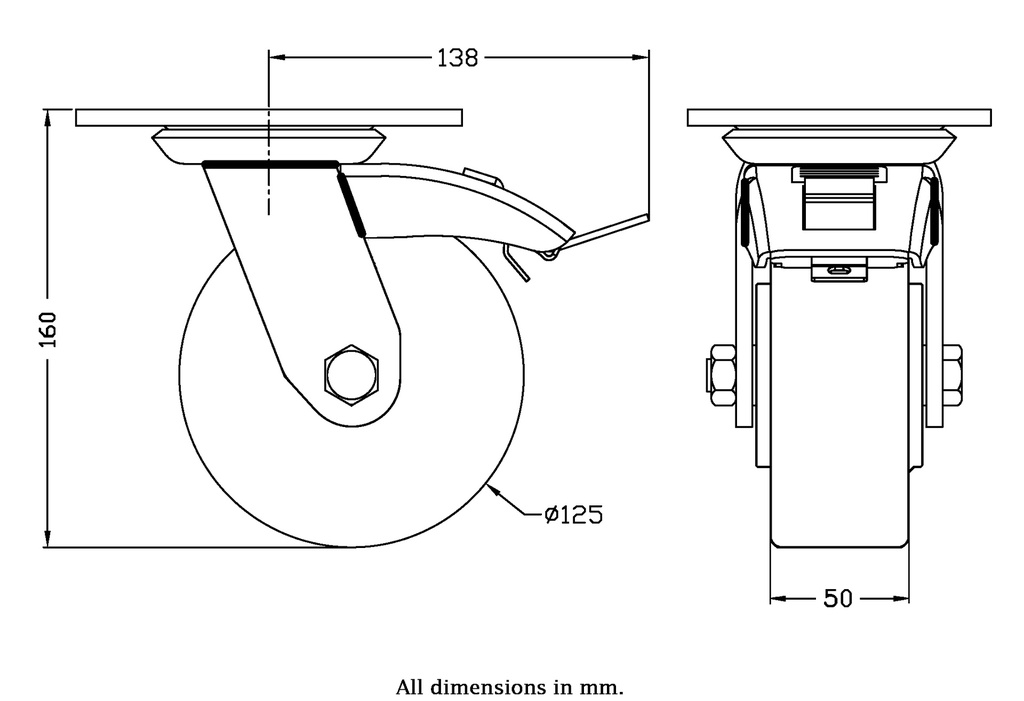 500 series 125mm swivel/brake top plate 140x110mm castor with polyurethane on cast iron centre ball bearing wheel 500kg - Castor drawing