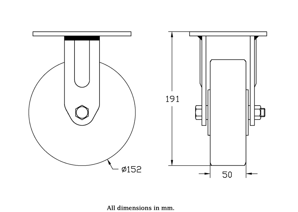 500 series 152mm fixed top plate 140x110mm castor with polyurethane on cast iron centre ball bearing wheel 500kg - Castor drawing