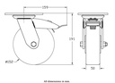 500 series 152mm swivel/brake top plate 140x110mm castor with polyurethane on cast iron centre ball bearing wheel 500kg - Castor drawing