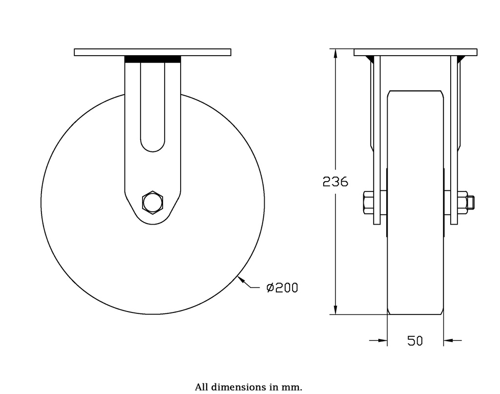 500 series 200mm fixed top plate 140x110mm castor with polyurethane on cast iron centre ball bearing wheel 500kg - Castor drawing