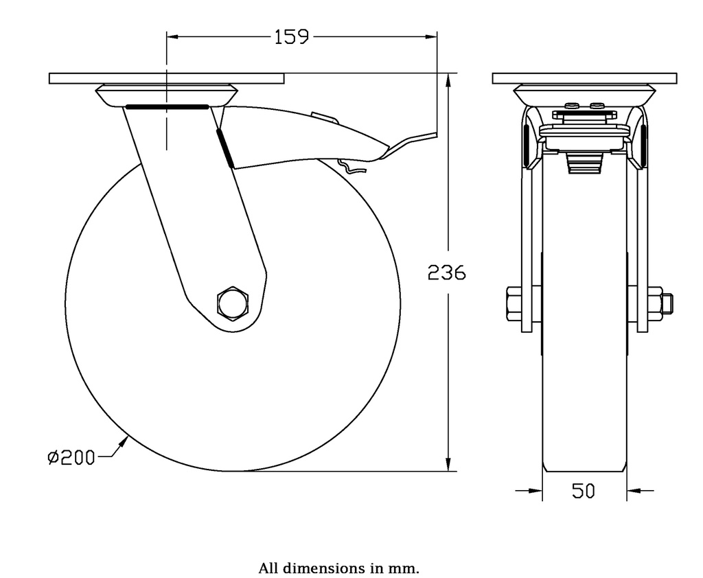 500 series 200mm swivel/brake top plate 140x110mm castor with polyurethane on cast iron centre ball bearing wheel 500kg - Castor drawing