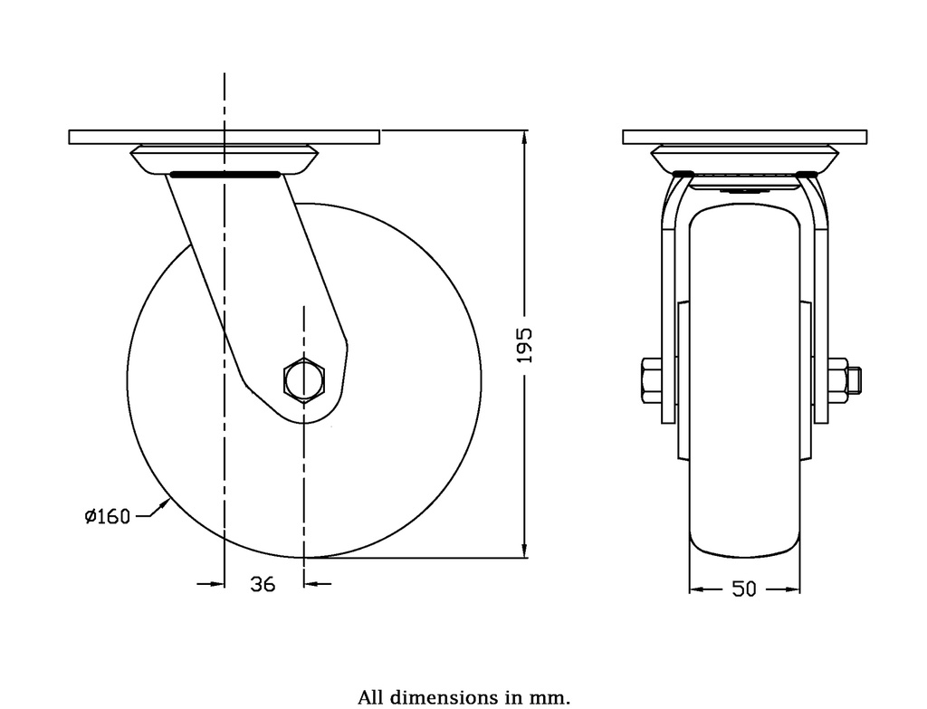 500 series 160mm swivel top plate 140x110mm castor with green convex elastic polyurethane on cast iron centre ball bearing wheel 500kg - Castor drawing