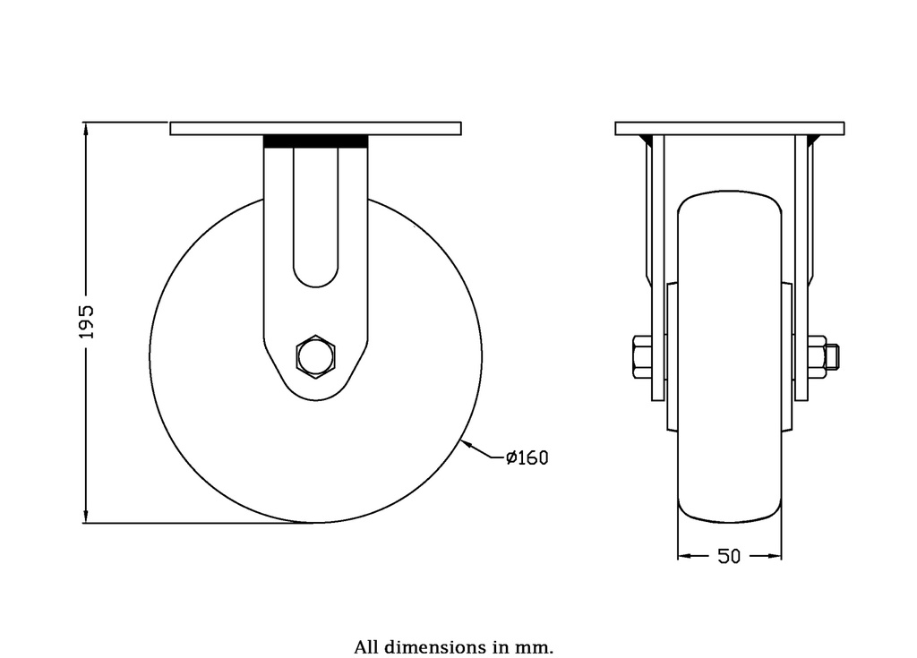 500 series 160mm fixed top plate 140x110mm castor with green convex elastic polyurethane on cast iron centre ball bearing wheel 500kg - Castor drawing
