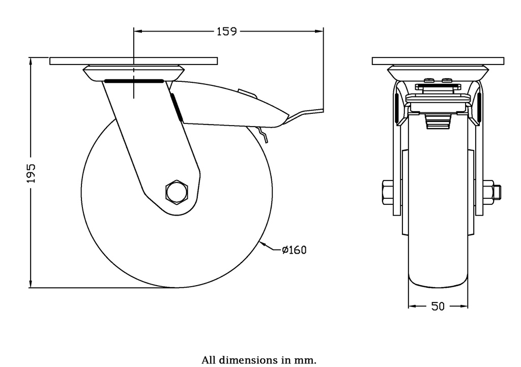 500 series 160mm swivel/brake top plate 140x110mm castor with green convex elastic polyurethane on cast iron centre ball bearing wheel 500kg - Castor drawing
