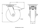 500 series 160mm swivel/brake top plate 140x110mm castor with green convex elastic polyurethane on cast iron centre ball bearing wheel 500kg - Castor drawing