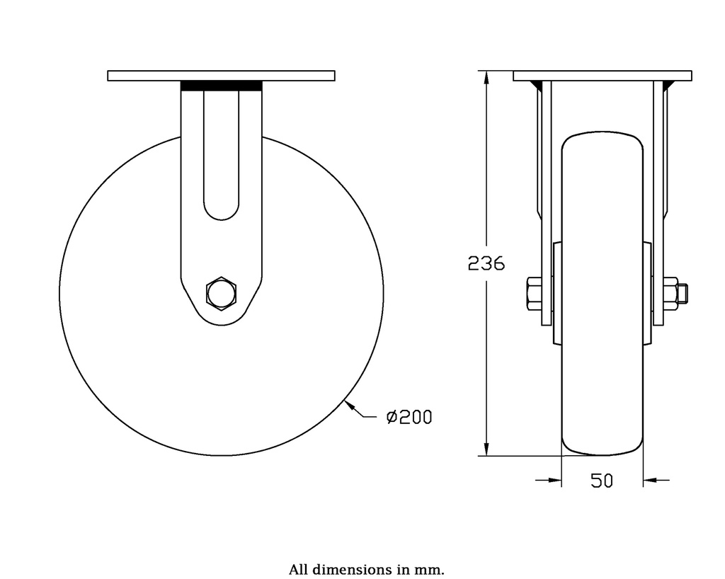 500 series 200mm fixed top plate 140x110mm castor with green convex elastic polyurethane on cast iron centre ball bearing wheel 500kg - Castor drawing