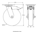 500 series 200mm swivel/brake top plate 140x110mm castor with green convex elastic polyurethane on cast iron centre ball bearing wheel 500kg - Castor drawing