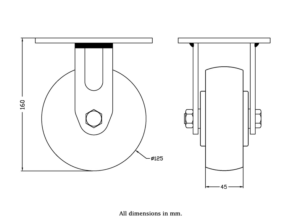 500 series 125mm fixed top plate 140x110mm castor with nylon ball bearing wheel 500kg - Castor drawing