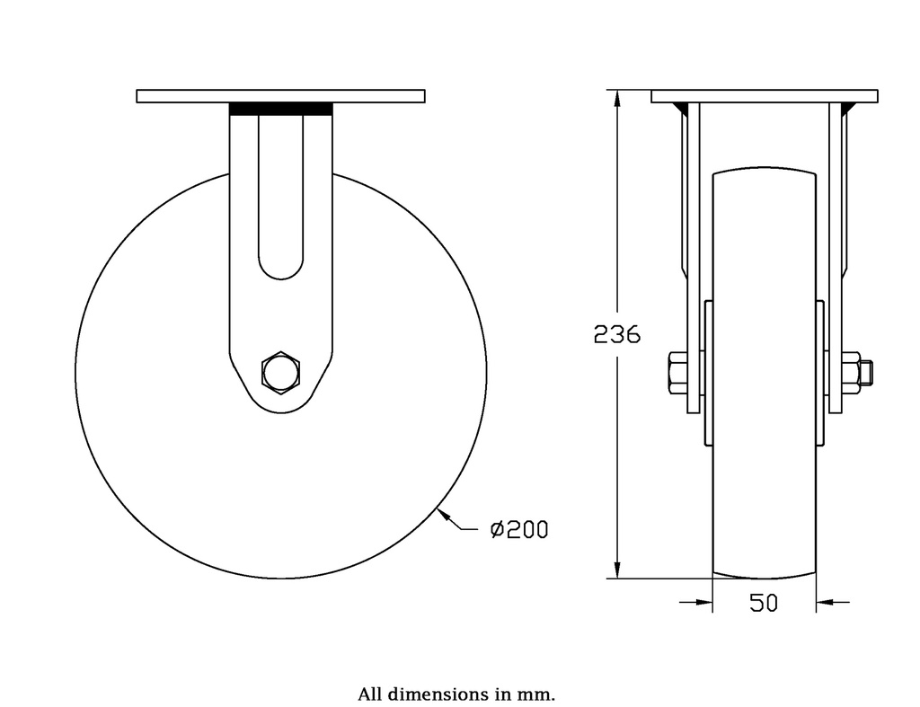 500 series 200mm fixed top plate 140x110mm castor with nylon ball bearing wheel 500kg - Castor drawing
