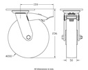 500 series 200mm swivel/brake top plate 140x110mm castor with nylon ball bearing wheel 500kg - Castor drawing