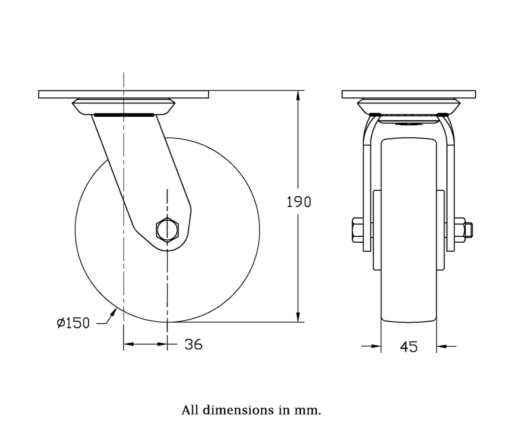 500 series 150mm swivel top plate 140x110mm castor with cast iron roller bearing wheel 500kg - Castor drawing