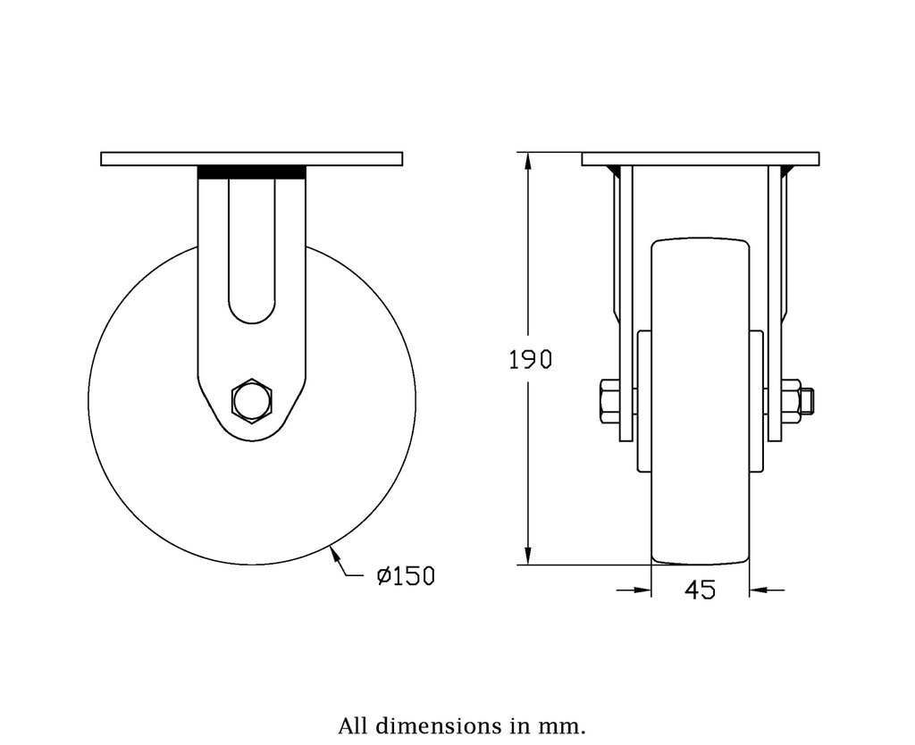 500 series 150mm fixed top plate 140x110mm castor with cast iron roller bearing wheel 500kg - Castor drawing