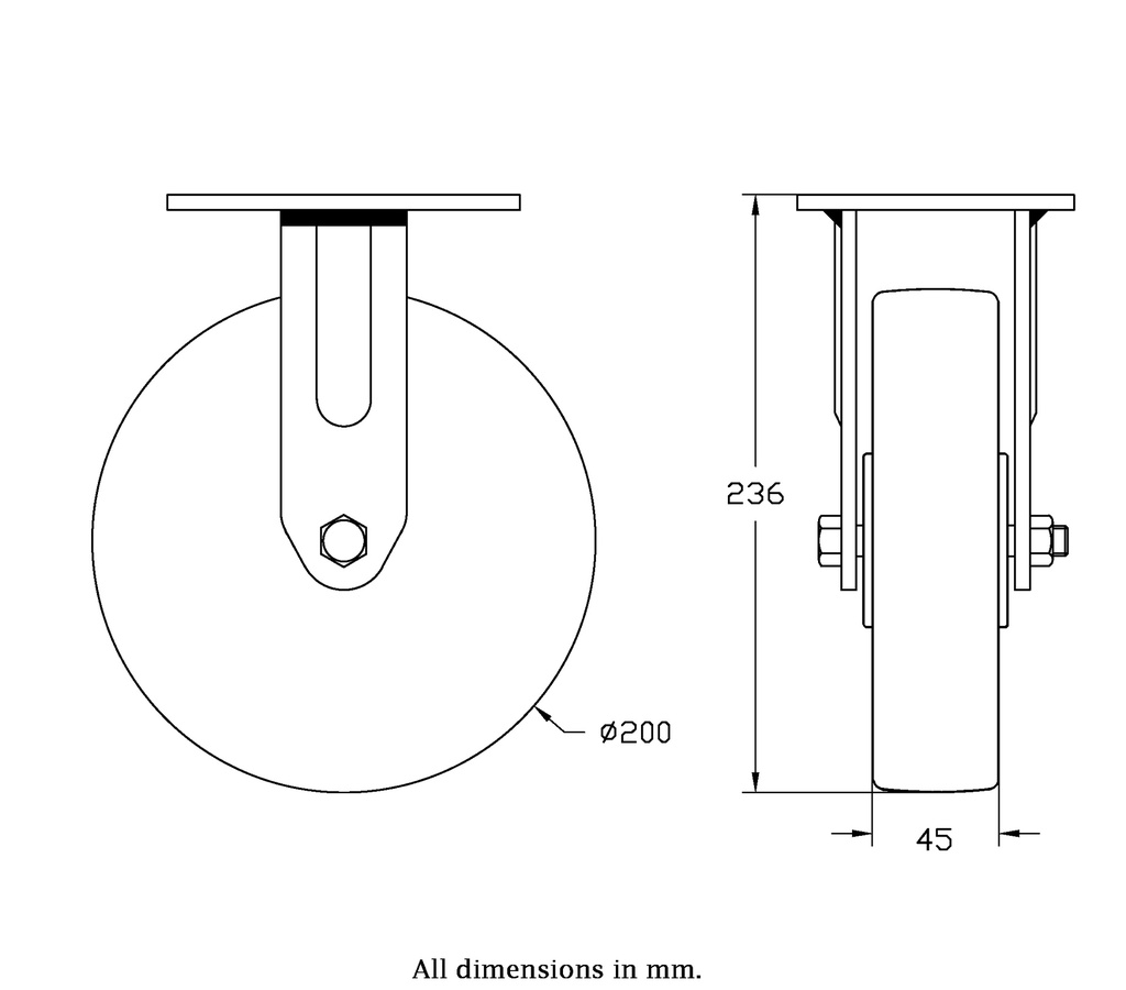 500 series 200mm fixed top plate 140x110mm castor with cast iron roller bearing wheel 500kg - Castor drawing