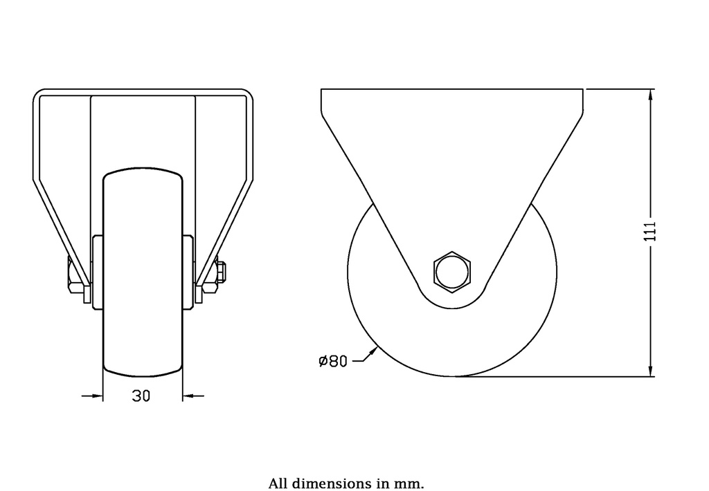 300 series 80mm fixed top plate 100x84mm castor with polyurethane on nylon centre roller bearing wheel 120kg - Castor drawing