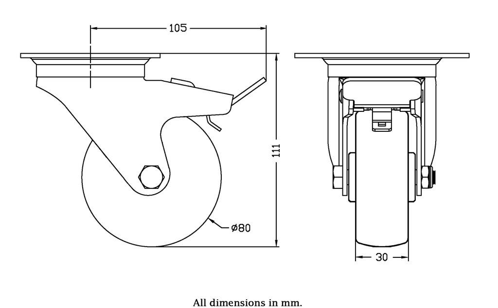 300 series 80mm swivel/brake top plate 100x80mm castor with polyurethane on nylon centre roller bearing wheel 120kg - Castor drawing