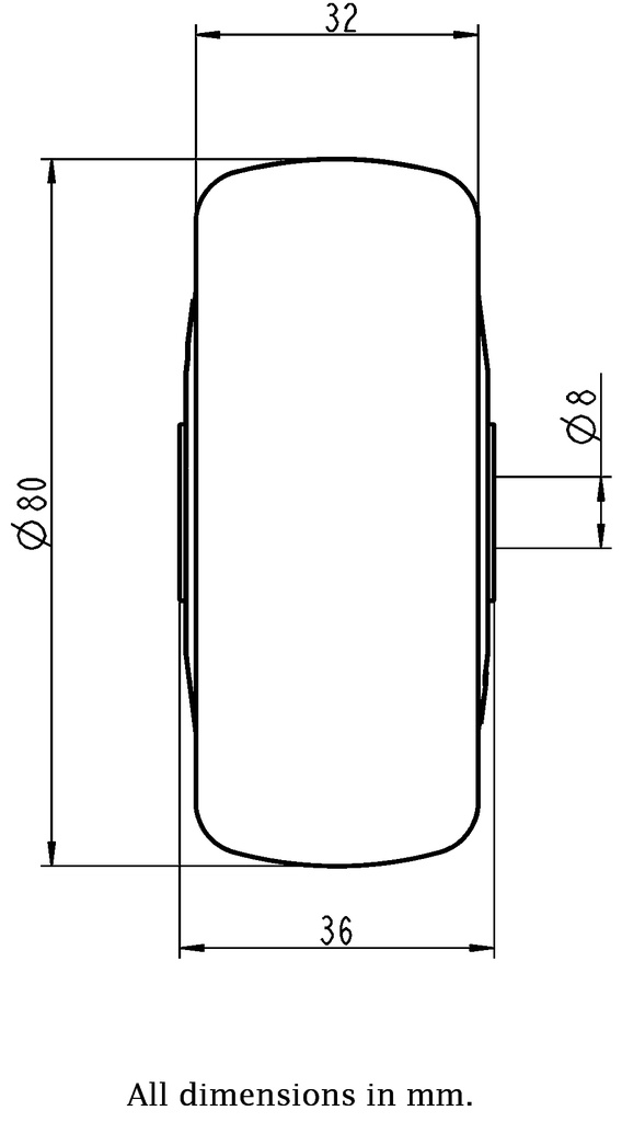 Wheel series 80mm electrically conductive grey polyurethane on nylon centre 8mm bore hub length 36mm additional sealed single ball bearing 100kg - Wheel dimensions