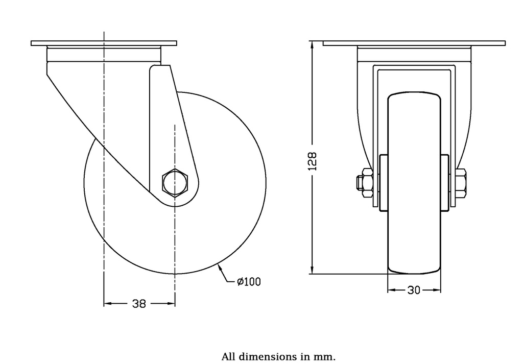 300 series 100mm swivel top plate 100x80mm castor with polyurethane on nylon centre roller bearing wheel 170kg - Castor drawing