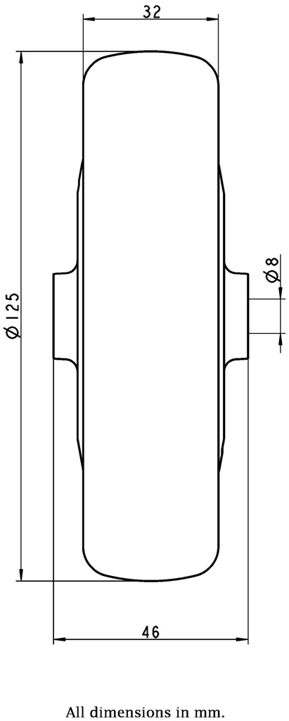 Wheel series 125mm electrically conductive grey polyurethane on nylon centre 8mm bore hub length 46mm additional sealed single ball bearing 160kg - Wheel dimensions