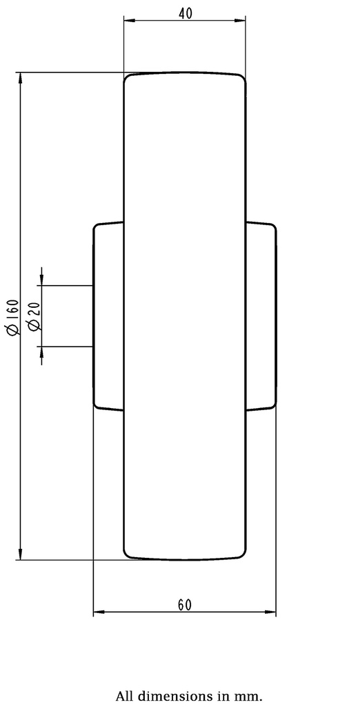 Wheel series 160mm electrically conductive grey polyurethane on nylon centre 20mm bore hub length 60mm ball bearing 550kg - Wheel dimensions