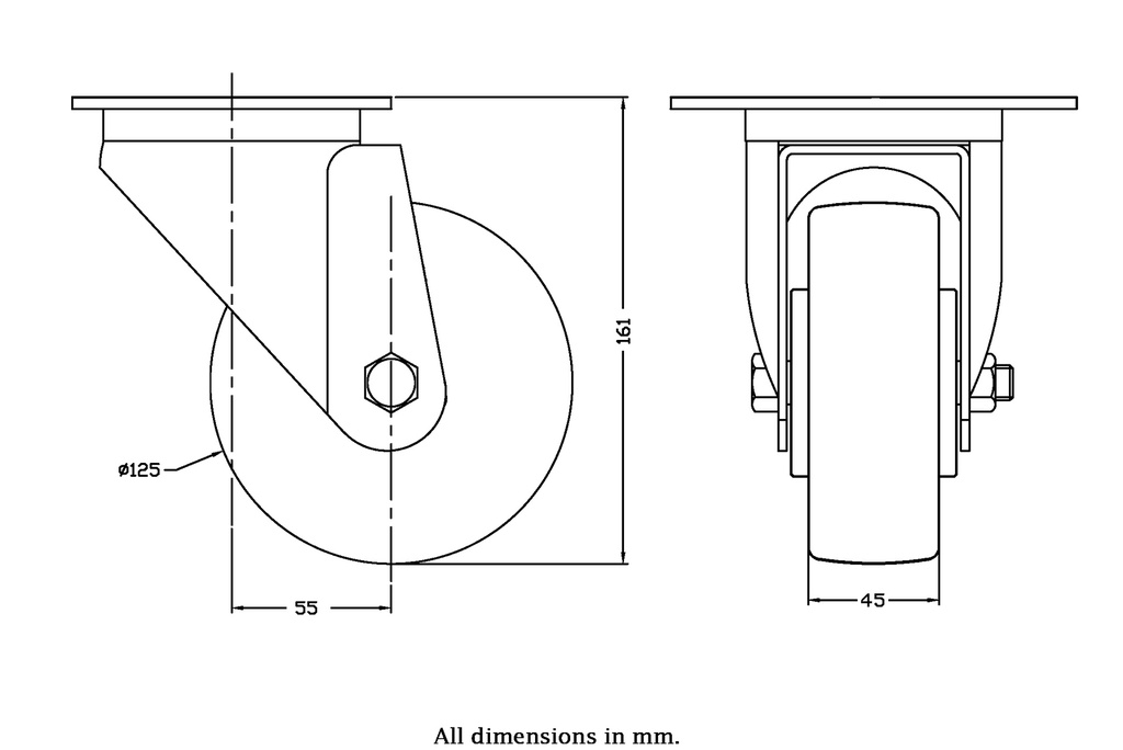 300 series 125mm swivel top plate 140x110mm castor with polyurethane on nylon centre ball bearing wheel 350kg - Castor drawing