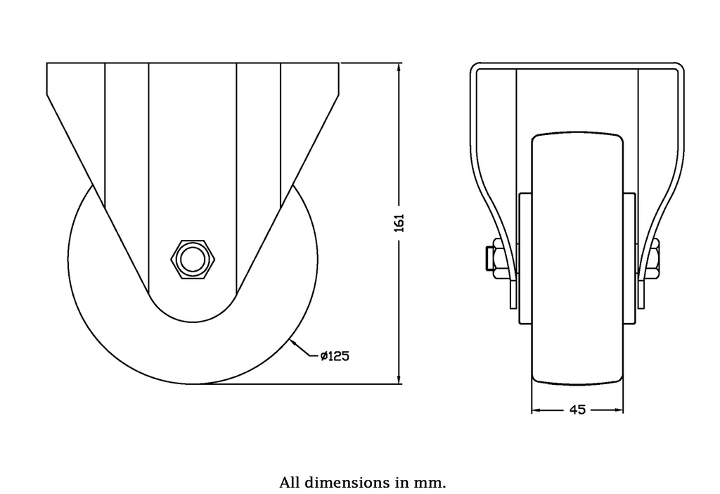 300 series 125mm fixed top plate 146x107mm castor with polyurethane on nylon centre ball bearing wheel 350kg - Castor drawing