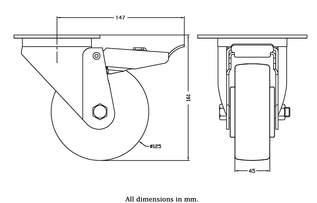 300 series 125mm swivel/brake top plate 140x110mm castor with polyurethane on nylon centre ball bearing wheel 350kg - Castor drawing