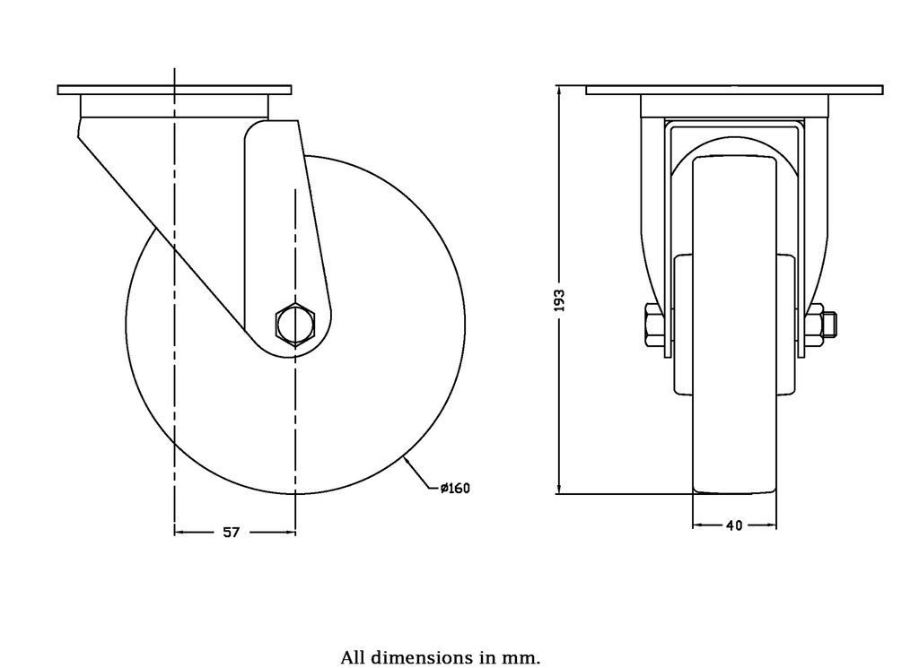 300 series 160mm swivel top plate 140x110mm castor with polyurethane on polypropylene centre ball bearing wheel 300kg - Castor drawing