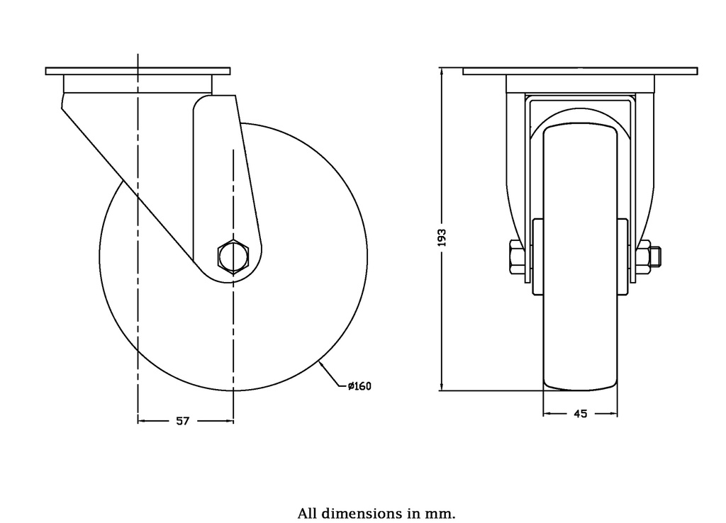 300 series 160mm swivel top plate 140x110mm castor with polyurethane on nylon centre plain bearing wheel 320kg - Castor drawing