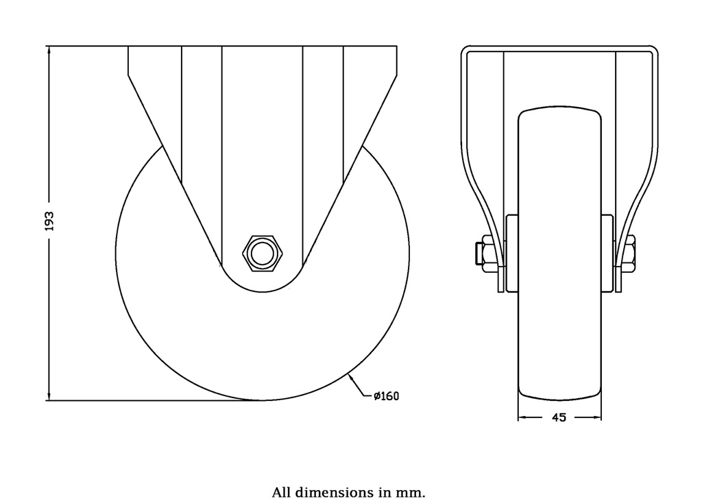 300 series 160mm fixed top plate 146x107mm castor with polyurethane on nylon centre plain bearing wheel 320kg - Castor drawing