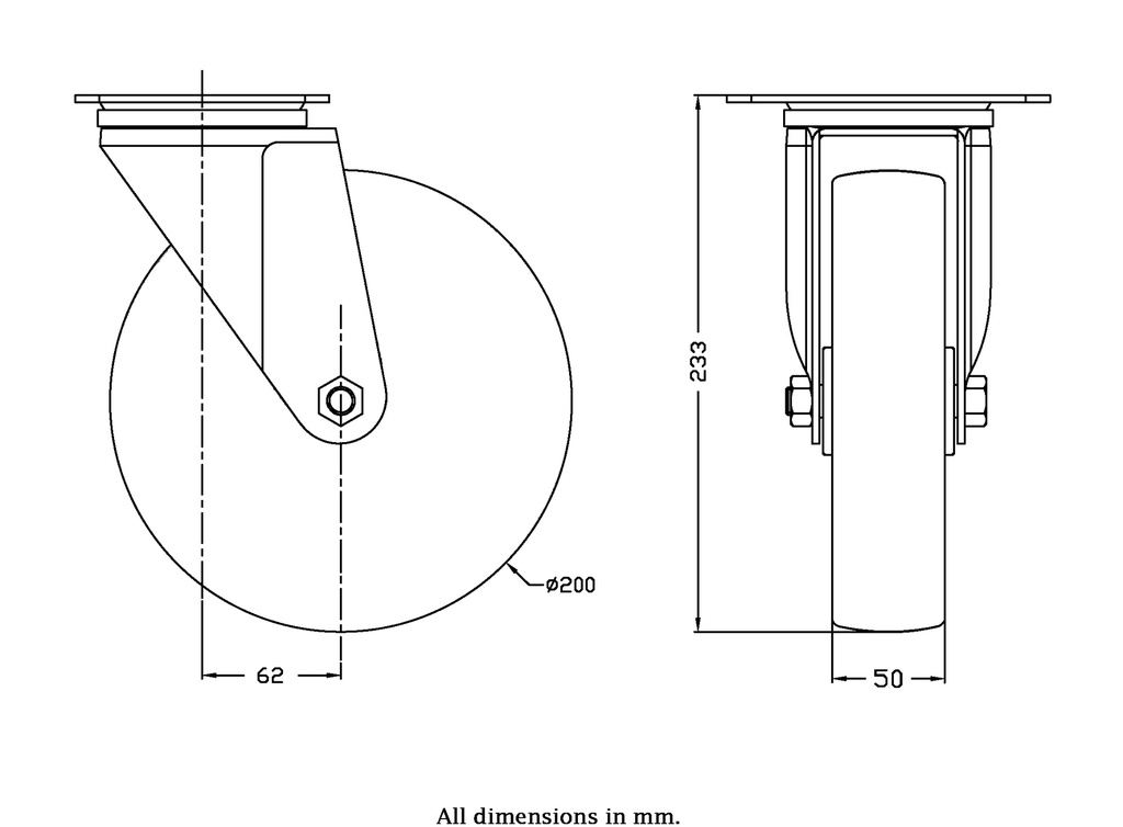300 series 200mm swivel top plate 140x110mm castor with polyurethane on nylon centre plain bearing wheel 350kg - Castor drawing