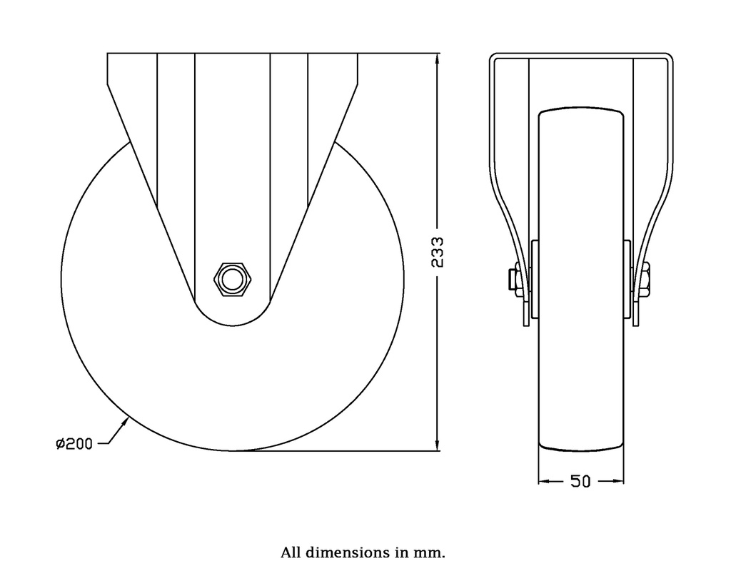 300 series 200mm fixed top plate 146x107mm castor with polyurethane on nylon centre plain bearing wheel 350kg - Castor drawing