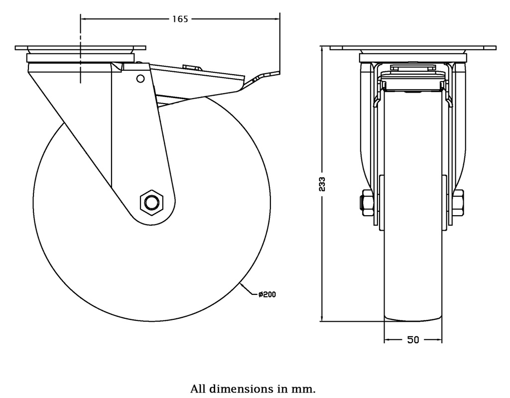 300 series 200mm swivel/brake top plate 140x110mm castor with polyurethane on nylon centre plain bearing wheel 350kg - Castor drawing
