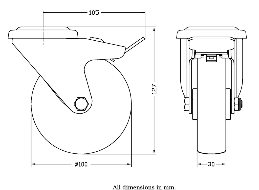 300 series 100mm swivel/brake bolt hole 10,5mm castor with polyurethane on nylon centre roller bearing wheel 150kg - Castor dimensions