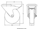 300 series 100mm swivel/brake bolt hole 10,5mm castor with polyurethane on nylon centre roller bearing wheel 150kg - Castor dimensions