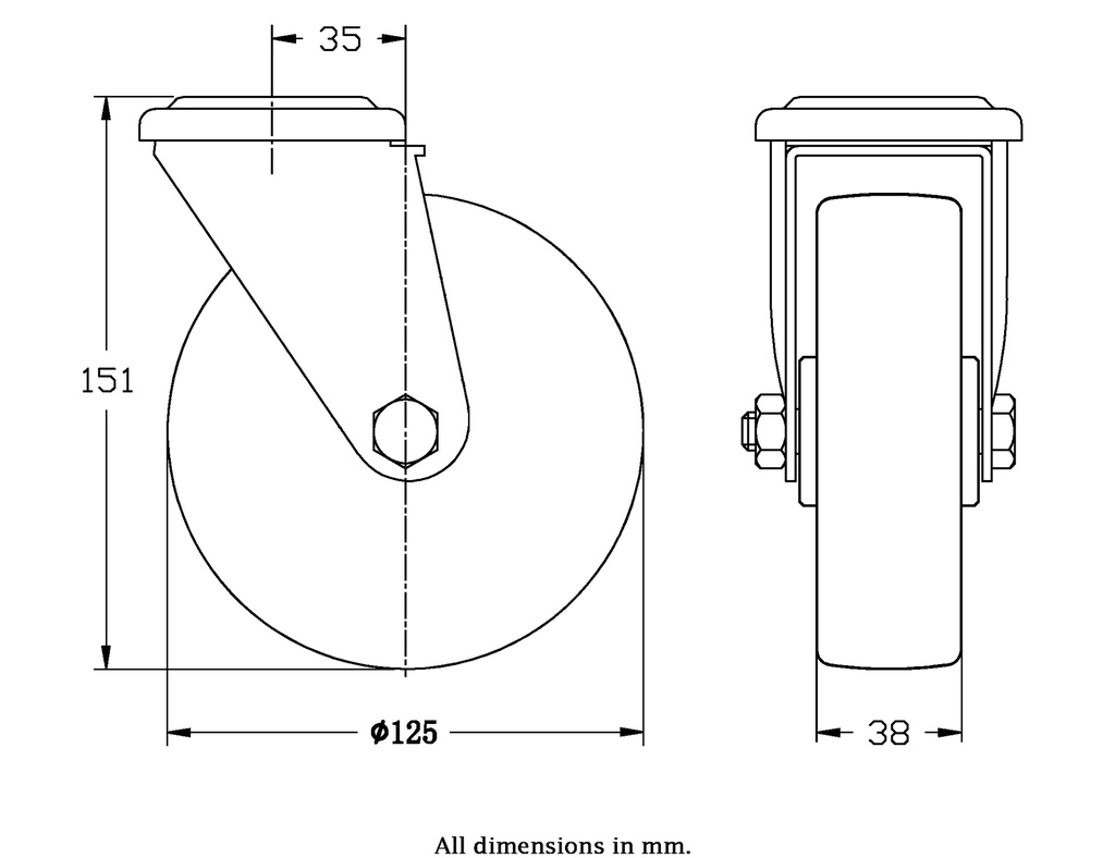 300 series 125mm swivel bolt hole 10,5mm castor with polyurethane on nylon centre roller bearing wheel 170kg - Castor dimensions