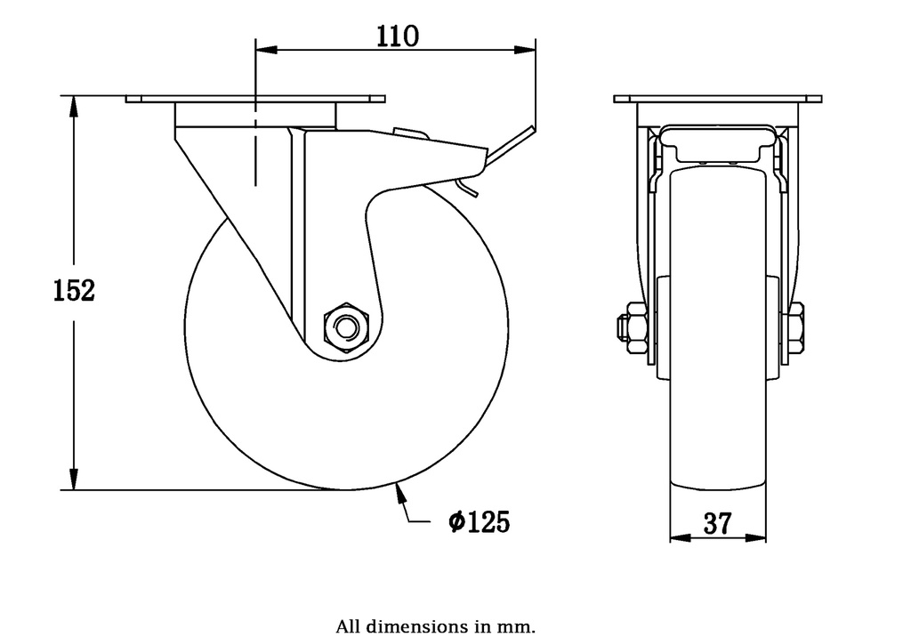 300 series 125mm swivel/brake top plate 100x80mm castor with polypropylene roller bearing wheel 170kg - Castor drawing