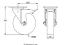 300 series 125mm swivel/brake top plate 100x80mm castor with polypropylene roller bearing wheel 170kg - Castor drawing