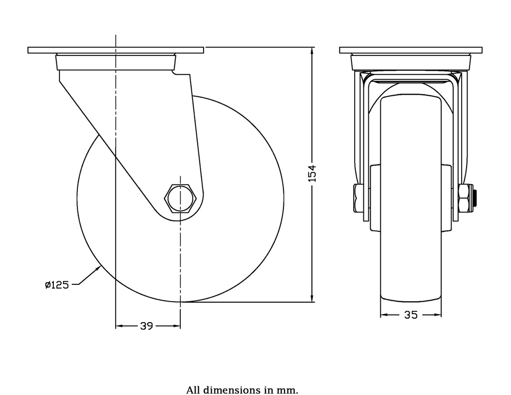 322 series 125mm swivel top plate 106x86mm castor with nylon roller bearing wheel 270kg - Castor drawing