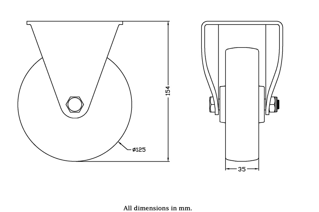 322 series 125mm fixed top plate 105x88mm castor with nylon roller bearing wheel 270kg - Castor drawing