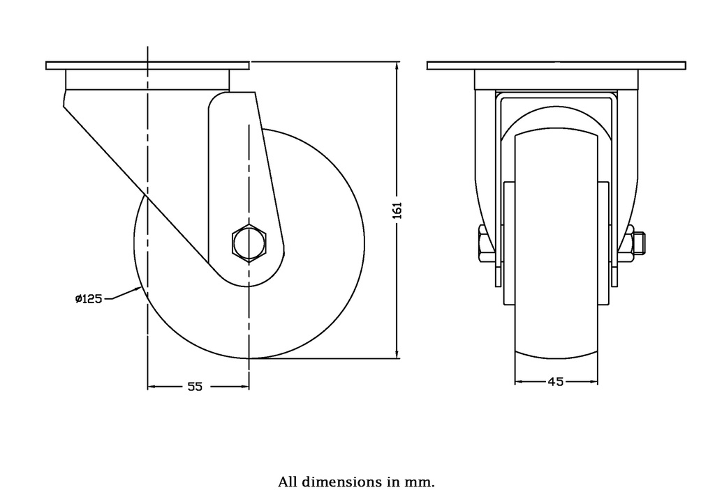 300 series 125mm swivel  top plate 140x110mm castor with nylon ball bearing wheel 350kg - Castor drawing