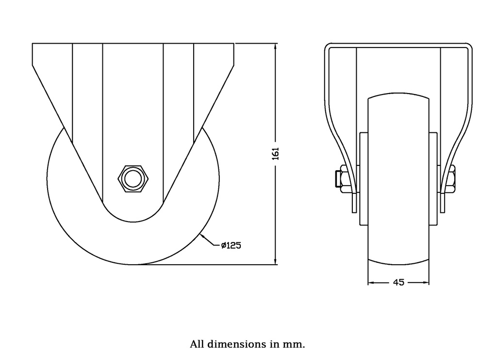 300 series 125mm fixed top plate 146x107mm castor with nylon ball bearing wheel 350kg - Castor drawing