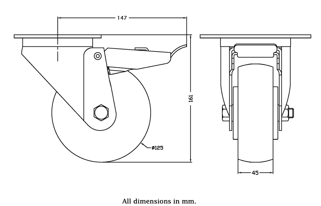 300 series 125mm swivel/brake top plate 140x110mm castor with nylon ball bearing wheel 350kg - Castor drawing