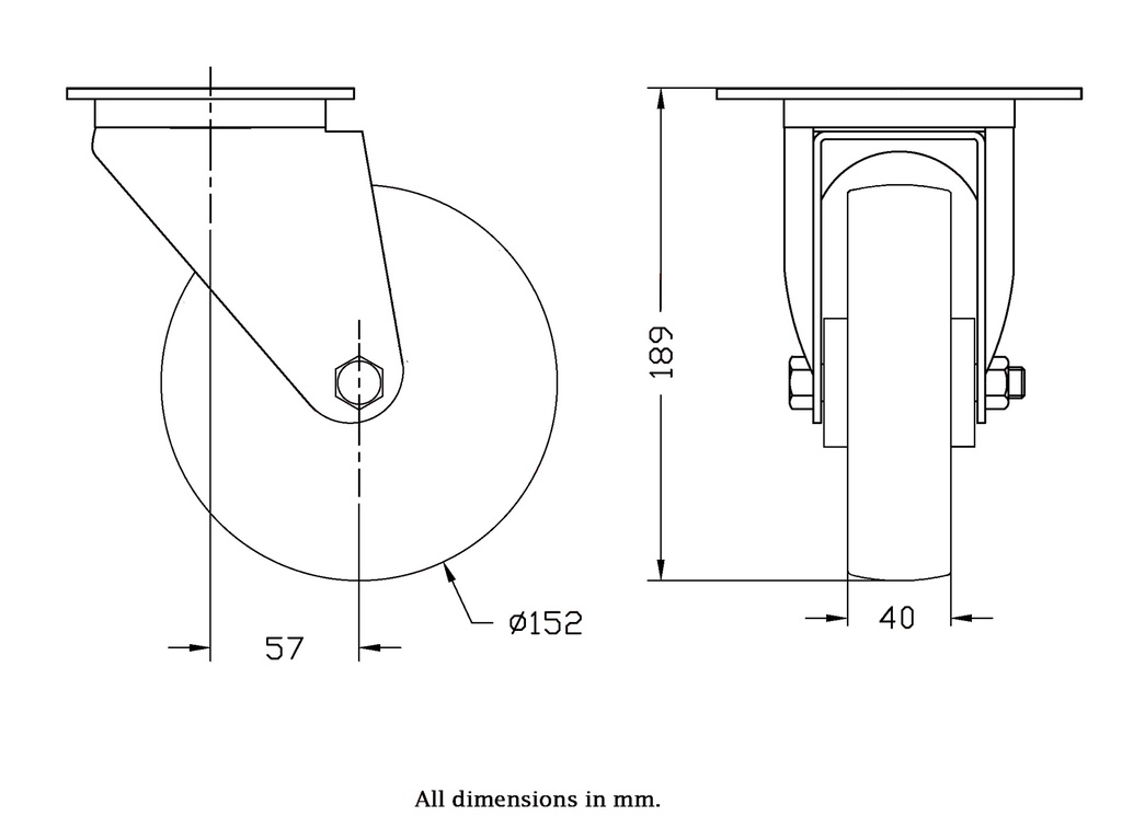 300 series 152mm swivel top plate 140x110mm castor with nylon roller bearing wheel 350kg - Castor drawing