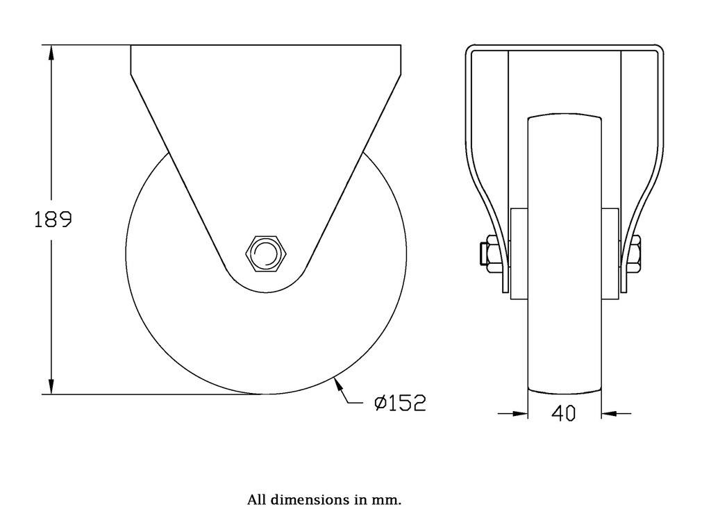 300 series 152mm fixed top plat 146x107mm castor with nylon roller bearing wheel 350kg - Castor drawing