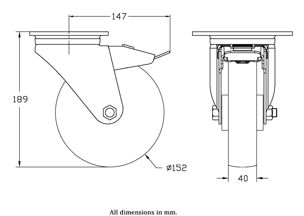 300 series 152mm swivel/brake top plate 140x110mm castor with nylon roller bearing wheel 350kg - Castor drawing