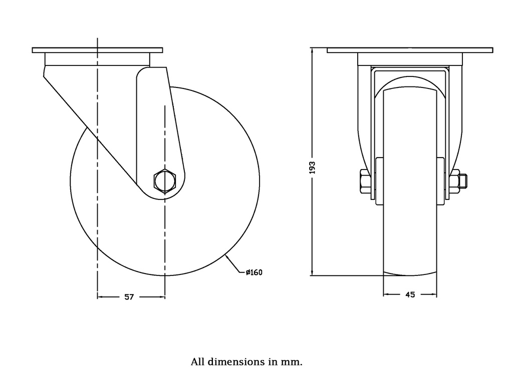 300 series 160mm swivel top plate 140x110mm castor with nylon plain bearing wheel 300kg - Castor drawing
