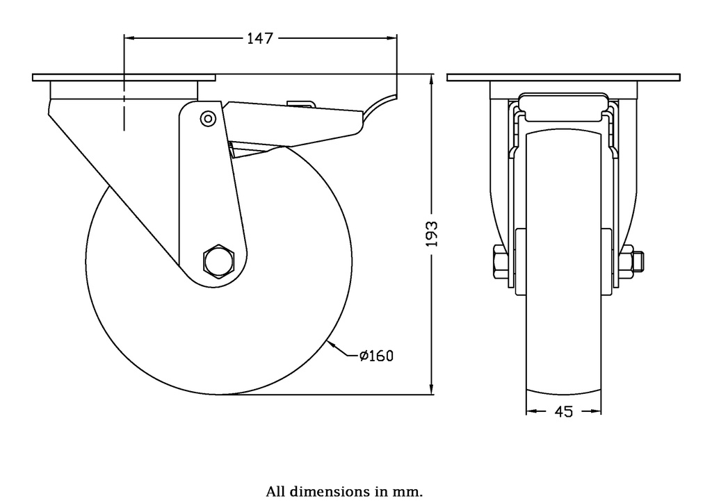 300 series 160mm swivel/brake top plate 140x110mm castor with nylon plain bearing wheel 300kg - Castor drawing