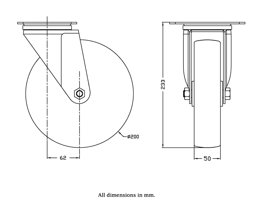 300 series 200mm swivel top plate 140x110mm castor with nylon plain bearing wheel 350kg - Castor drawing