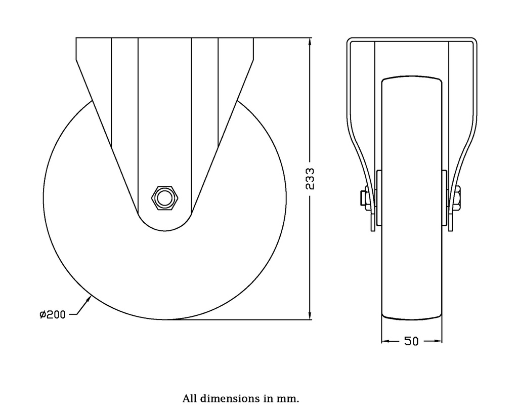 300 series 200mm fixed top plate 146x107mm castor with nylon plain bearing wheel 350kg - Castor drawing